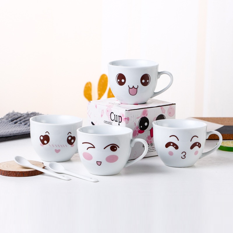 Cốc trà, cà phê gốm sứ ly sứ hình mặt cười nhiều mẫu đa dạng kèm thìa pha trà cafe