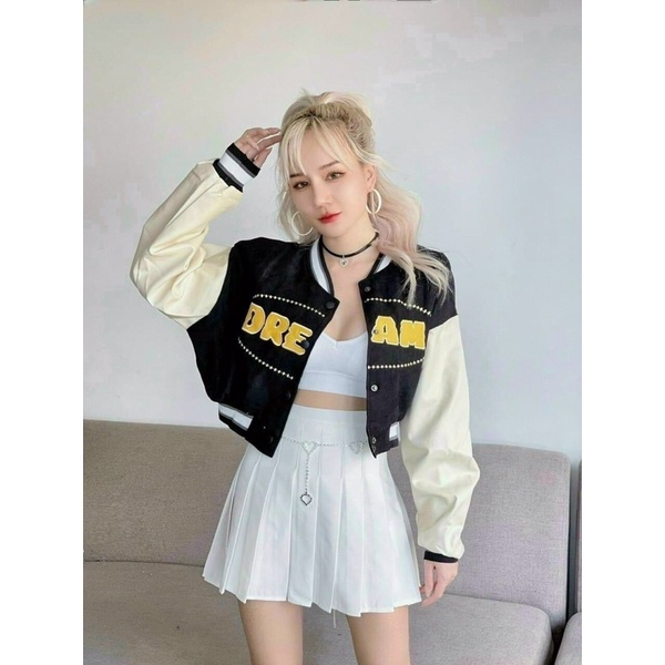 Áo khoác bomber bóng chày lửng croptop da lộn 2 lớp thêu dream unisex ulzzang nam nữ