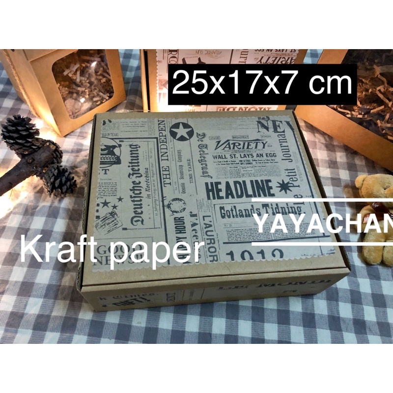 [Vintage] Hộp quà kraft nâu newspaper cổ điển kèm rơm, thiệp, dây cột