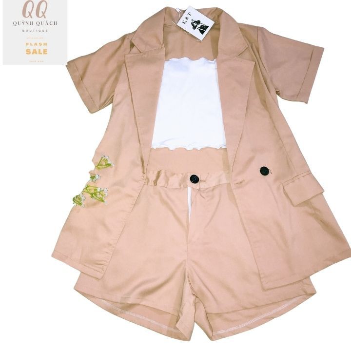 Set vest nữ áo blazer tay ngắn 1 lớp túi nắp phong cách hàn quốc kèm quần short cạp chun thanh lịch JUMIO | BigBuy360 - bigbuy360.vn