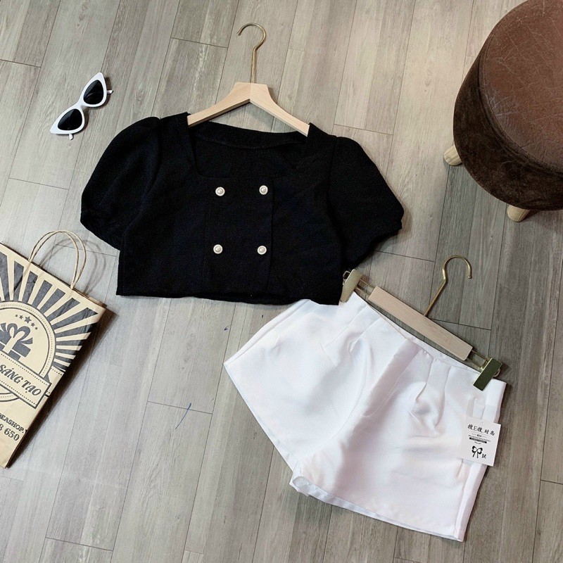 Áo vải dạ tweed croptop tay ngắn, vải bố cổ U 4 nút tay phồng - S0U