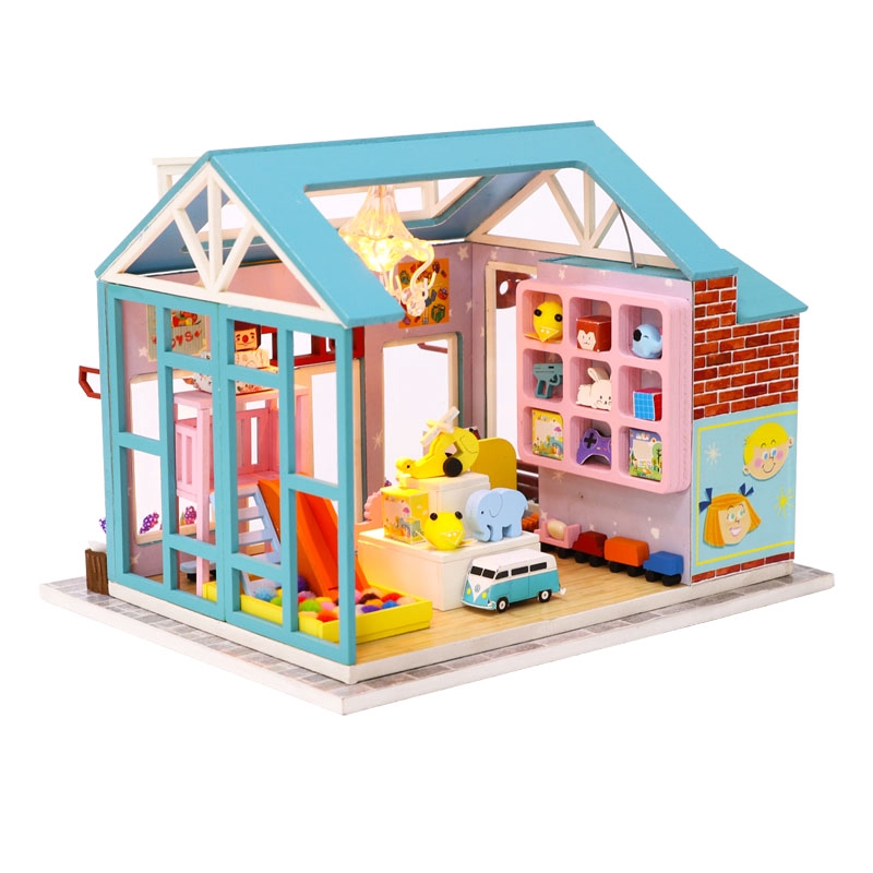 xếp hình gỗ mô hình cửa hàng đồ chơi mini thu nhỏ M904  với nội thất trang trí thủ công Sưu tầm cho sở thích, có đèn