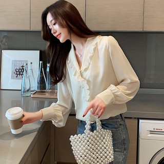 Áo voan cổ tim dài tay phong cách Hàn Quốc thanh lịch dành cho nữ