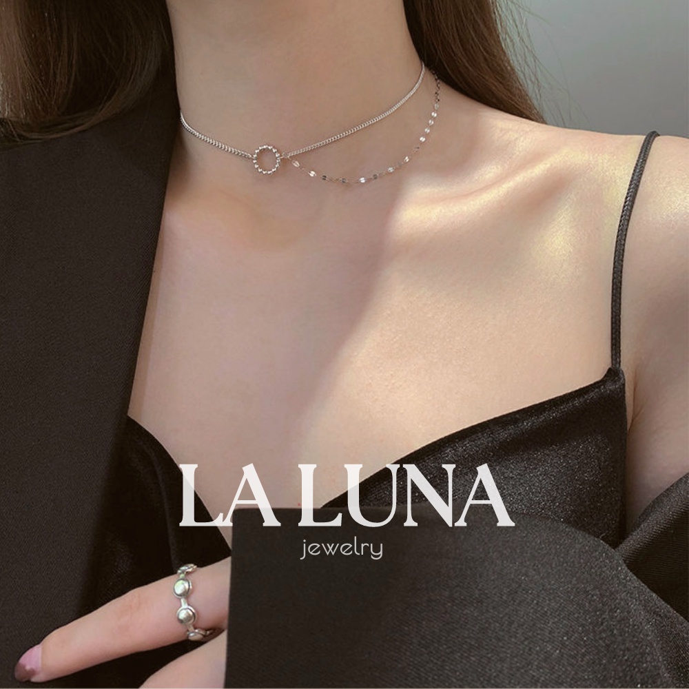 Dây chuyền vòng cổ choker khoen tròn phối xích bất đối xứng Rosie La Luna mạ bạch kim cao cấp, thanh lịch nữ tính laluna