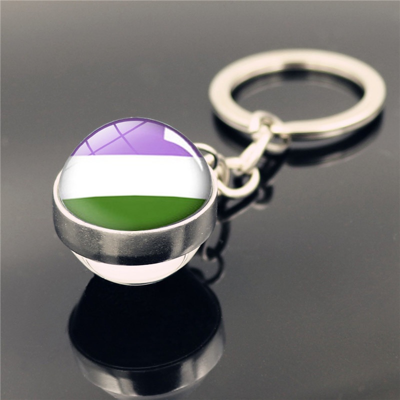 Móc Khóa Mặt Kính Cabochon Hai Mặt Họa Tiết Cầu Vồng LGBT