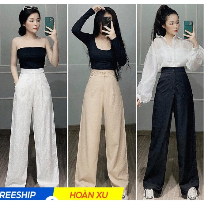 Quần ống rộng nữ Vải đũi siêu mềm mát-3 màu