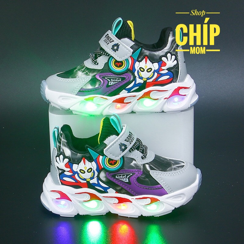 giày thể thao bé trai siêu nhân da bóng mềm có quai dán tùy chỉnh đèn led ngoài nhấp nháy  siêu nhẹ QCCC full hộp A58