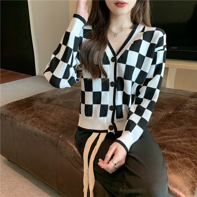 Áo Khoác cardigan Cổ Chữ V Dáng Rộng Họa Tiết Caro Thời Trang Thu Đông Phong Cách vintage Mới