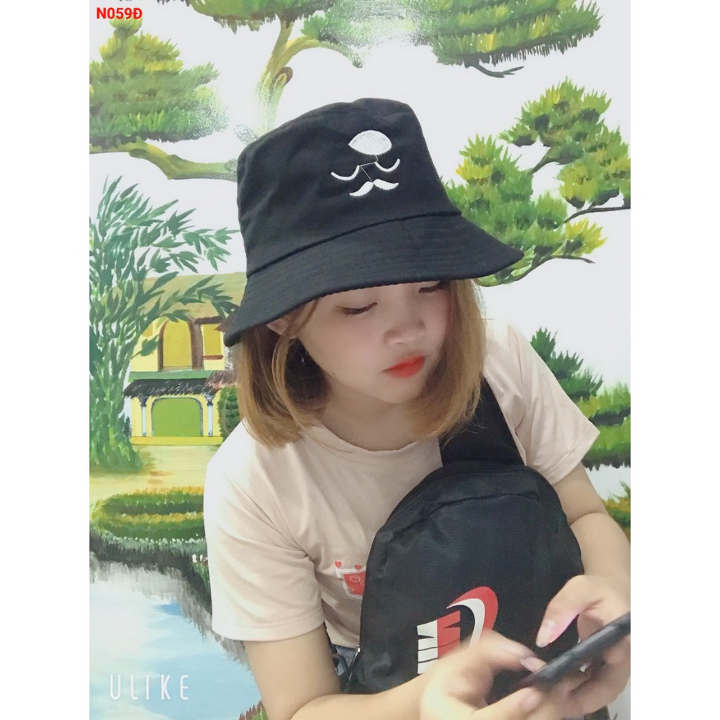 Nón bánh bèo nam nữ, Mũ bucket o thêu và trơn có vành vải kaki mềm thêu râu