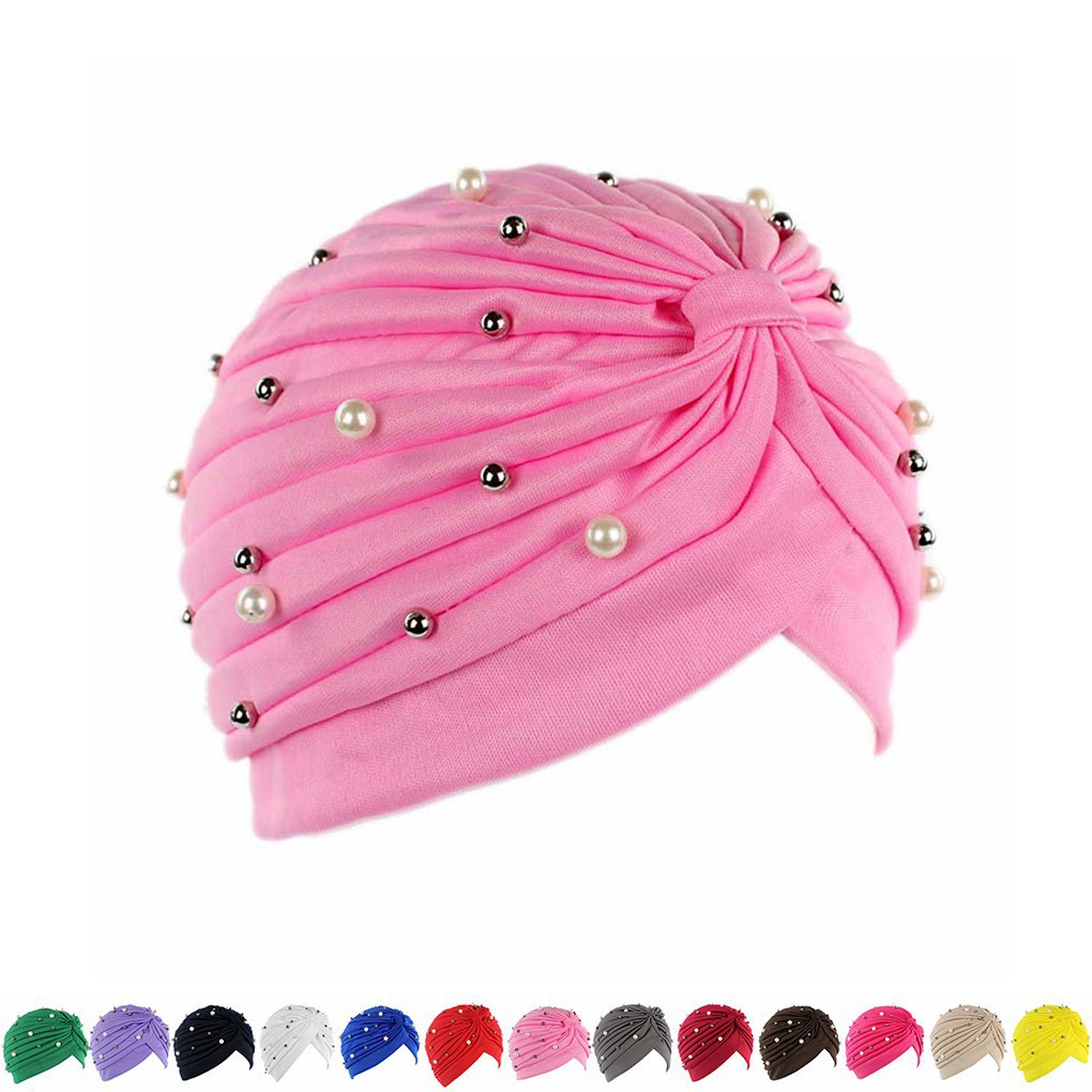 Mũ turban đính hạt ngọc trai nhân tạo thời trang cho nữ