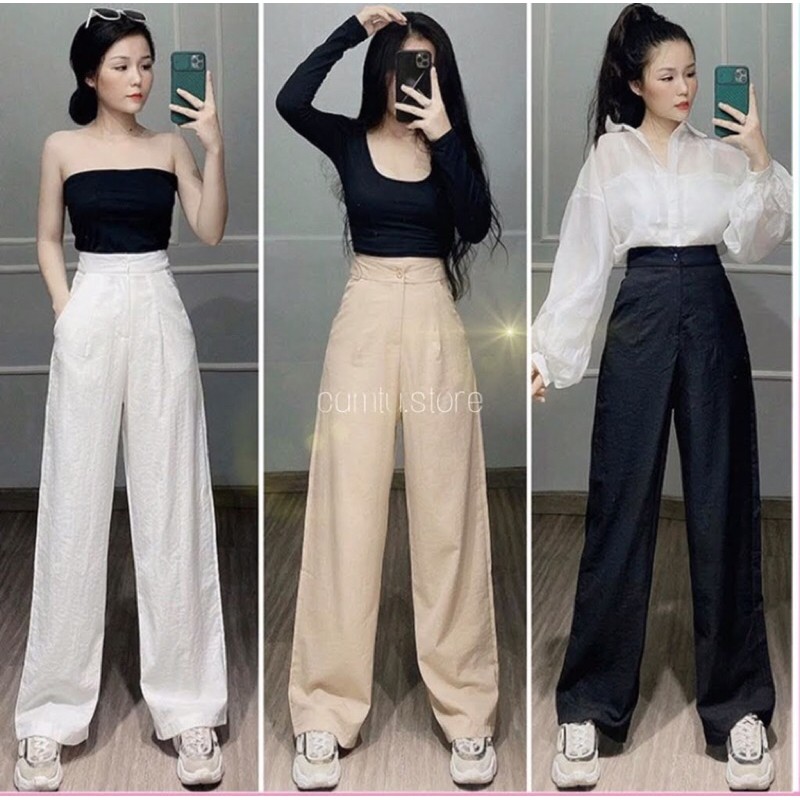Quần đũi ống rộng nữ lưng cao khóa thật cúc cài dài 95cm chun lưng co giãn - Quần suông ống rộng dài Màu đen kem be | BigBuy360 - bigbuy360.vn