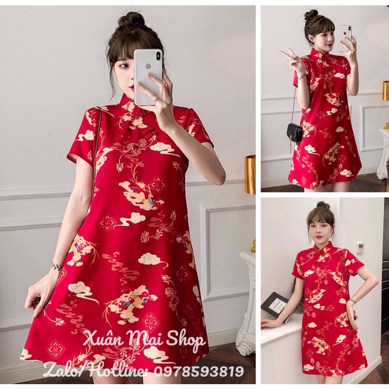 Đầm cổ Tàu Trung Hoa tay ngắn dáng chữ A hoạ tiết rồng bay chất liệu lụa satin siêu đẹp mặc Tết ai cũng lì xì