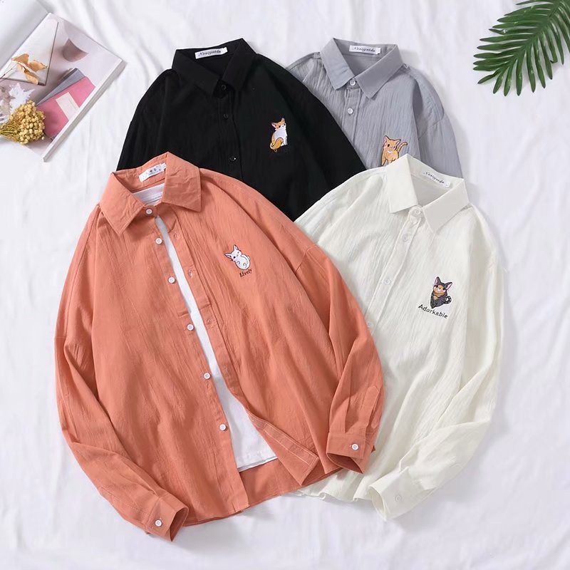 Áo Sơ Mi Cotton Lanh Tay Dài Màu Trơn Thêu Họa Tiết Mèo Phong Cách Harajuku Hợp Thời Trang Cho Nam