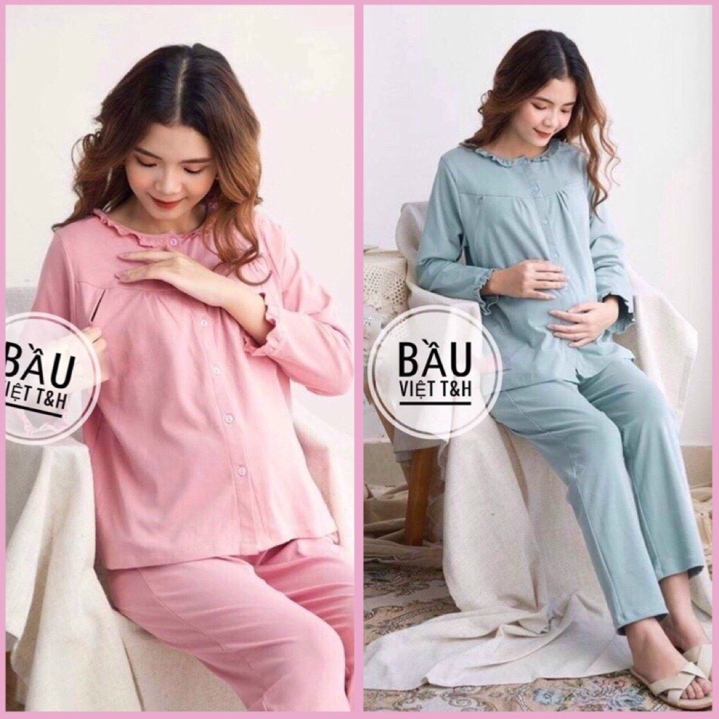 Bộ đồ bầu sau sinh mặc nhà Hàn Quốc, chất cotton, thoáng mát, tiện cho mẹ ty, size to