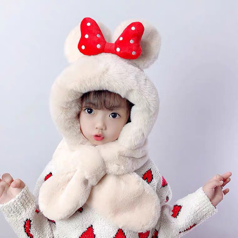 Mũ trùm đầu, mũ len kèm khăn choàng cổ hình nơ cho bé yêu
