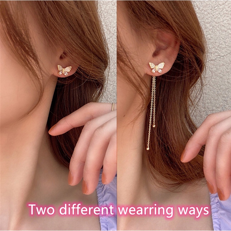 Bông Tai Mạ Bạc 925 Dáng Dài Đính Bướm Dễ Thương Phong Cách Hàn Quốc