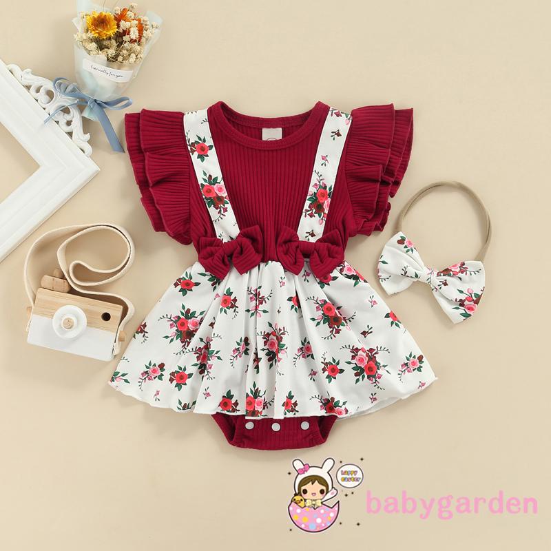 Bộ áo liền quần tay bèo in họa tiết và băng đô thời trang mùa hè xinh xắn dành cho bé gái