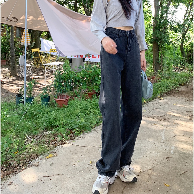 Quần jeans lưng cao ống rộng phong cách retro đường phố cho nữ