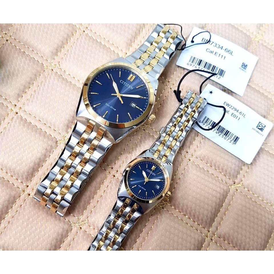 Đồng hồ đôi Citizen BM7334-58L & EW2294-61L - Máy Quartz Pin Eco Drive - Kính khoáng cứng