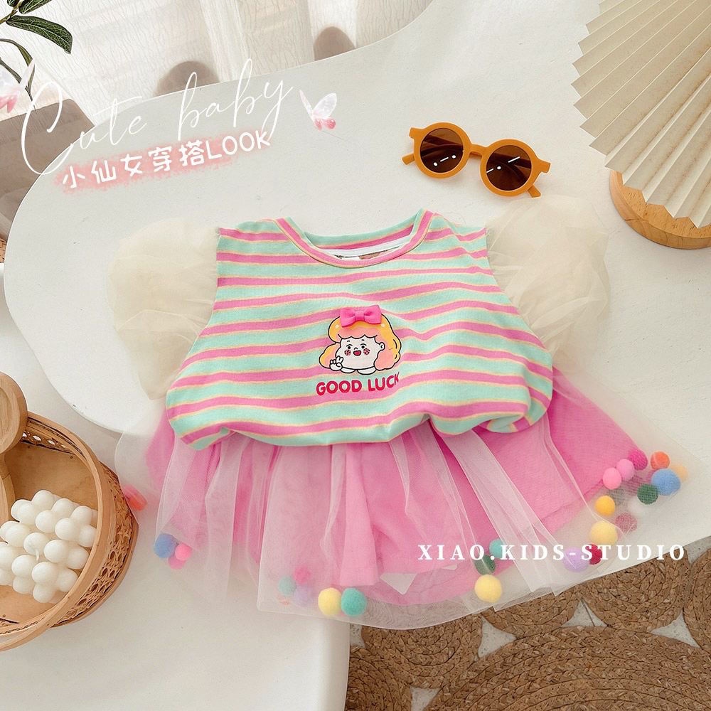 Set Áo Thun Tay Ngắn Phối Lưới Kẻ Sọc Màu Hồng Dễ Thương Thời Trang Hè 2023 Phong Cách Hàn Quốc Cho Bé Gái