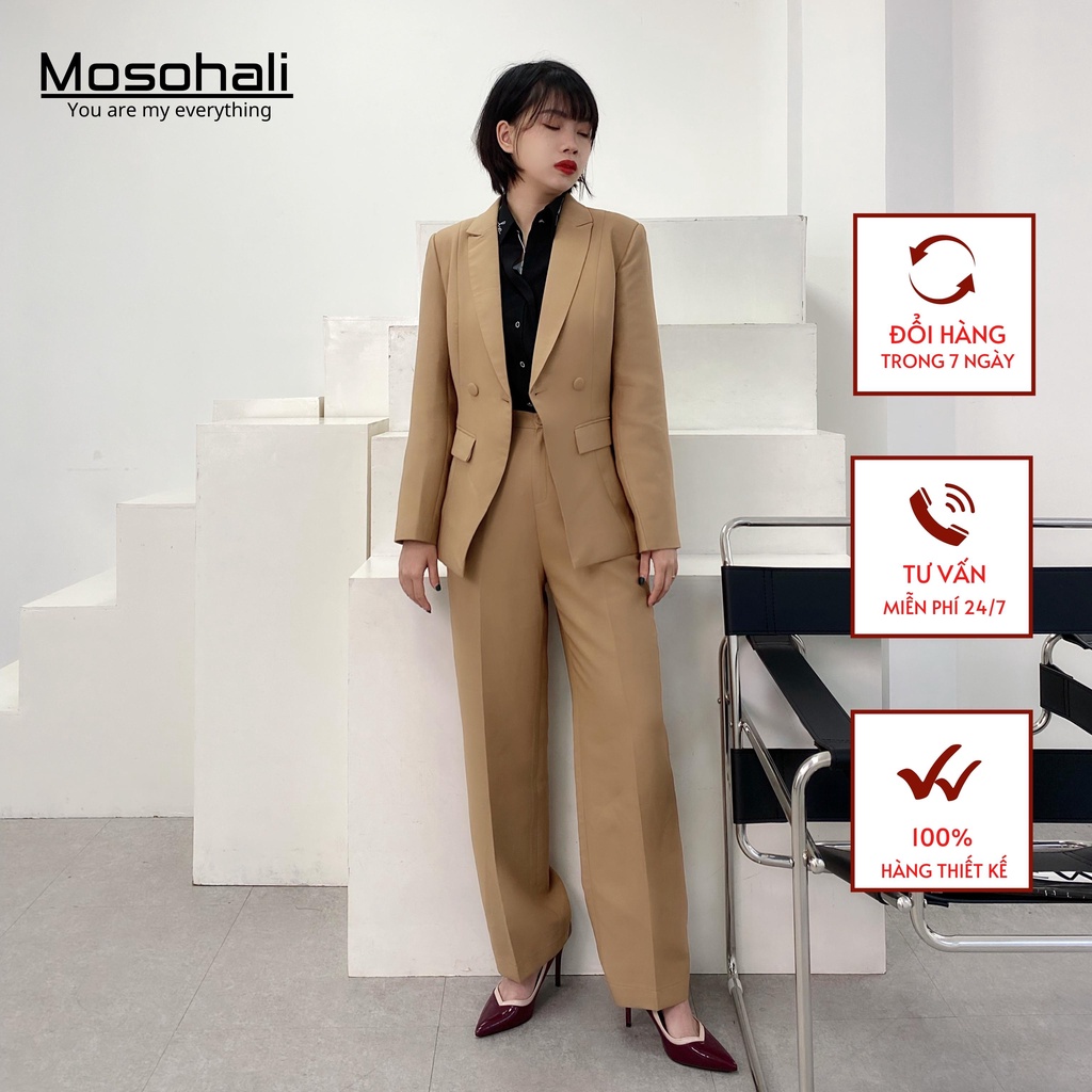 Set blazer nữ Nâu sang trọng Mosohali dáng ôm áo vest 1 khuy cùng quần tây set blazer nữ thiết kế thời trang công sở