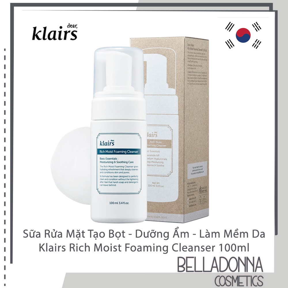 [CHÍNH HÃNG] Sữa Rửa Mặt Tạo Bọt, Dưỡng Ẩm, Làm Mềm Da Klairs Rich Moist Foaming Cleanser 100ml