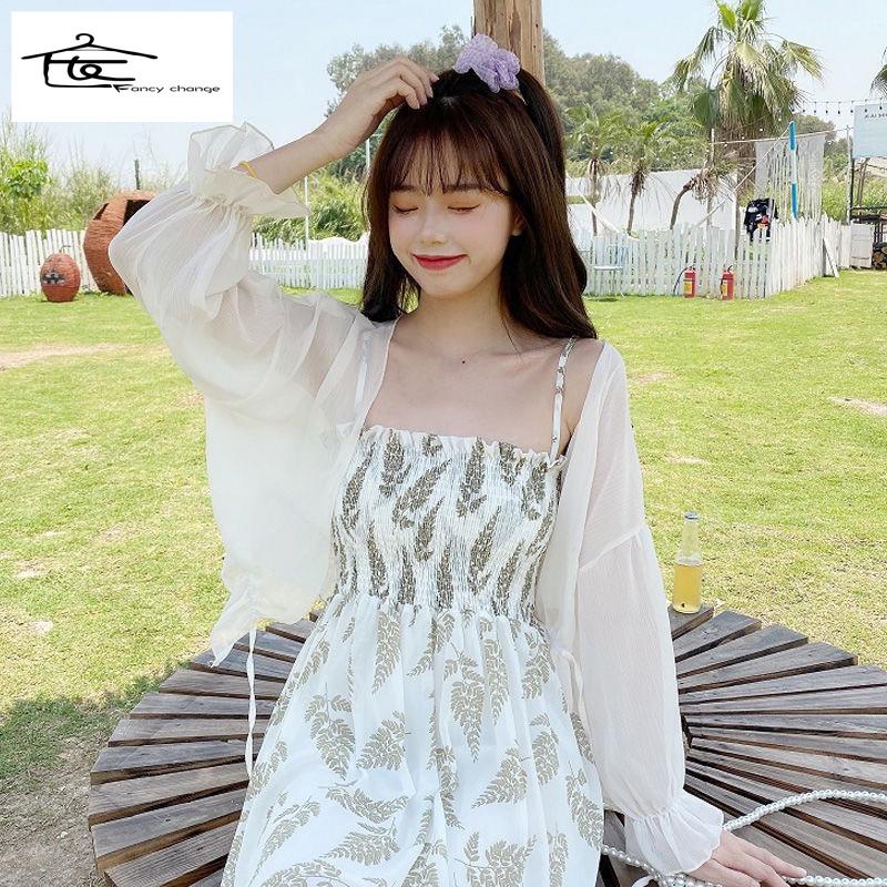 Áo Khoác Cardigan Chiffon Mỏng Chống Nắng Kèm Đầm Hai Dây Thời Trang Mùa Hè