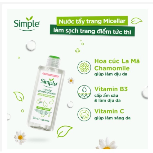 Nước tẩy trang Simple Micellar Cleansing Water 200ml làm sạch trang điểm vượt trội