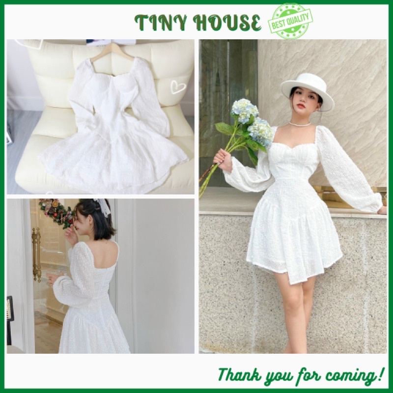 Đầm Linen Trắng Thiên Thần Tay Phồng Tiểu Thơ - Váy Trắng Xinh Tiny house
