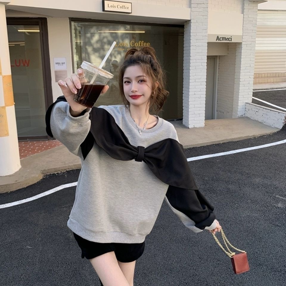 Áo kiểu COZOKC tay dài dáng rộng phối nơ màu tương phản phong cách Hàn Quốc