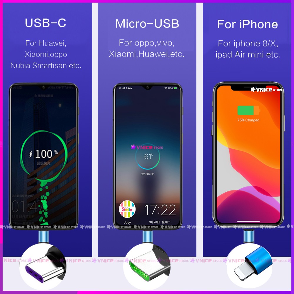 Dây cáp sạc nhanh 5A 3 trong 1 nhiều cổng sạc cho iPhone lightning Micro USB OPPO Type-C HUAWEI đa năng