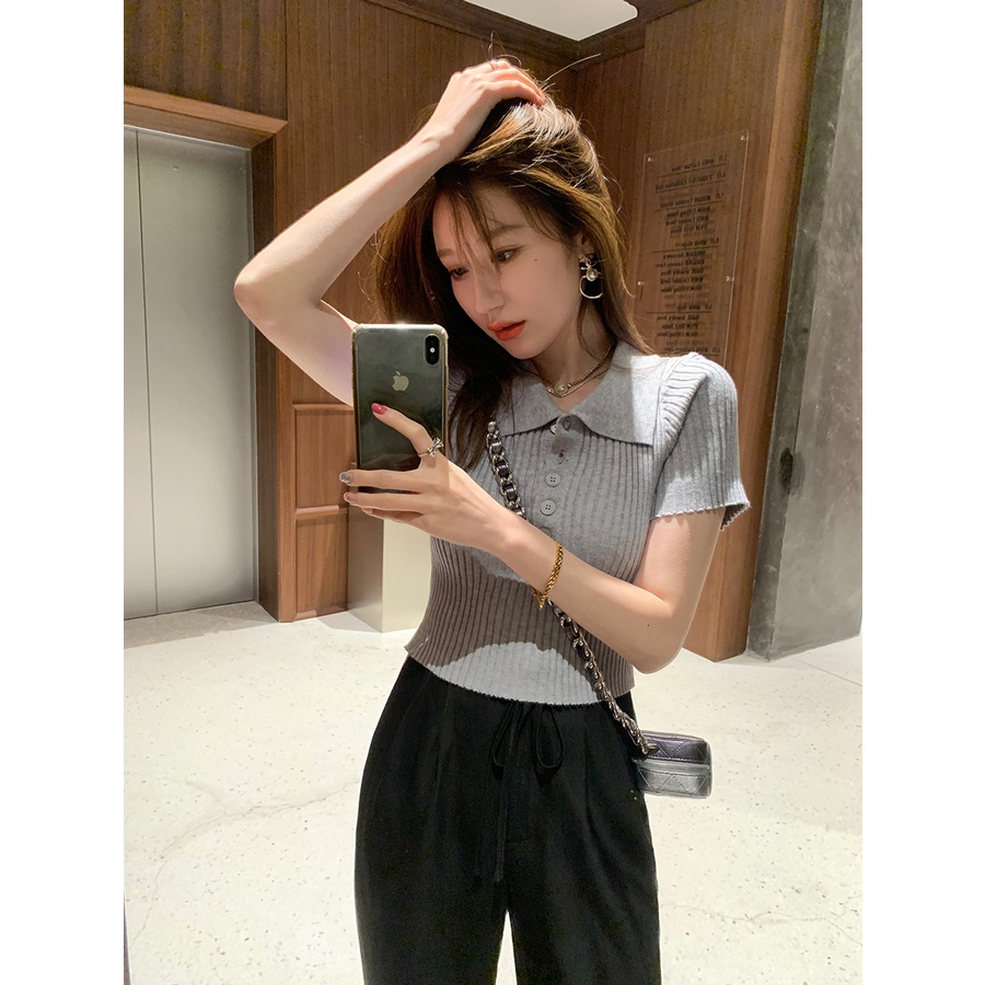 Áo Thun Nữ Tay Ngắn Có Cổ Họa Tiết Sọc Ngang Phong Cách Hàn Quốc