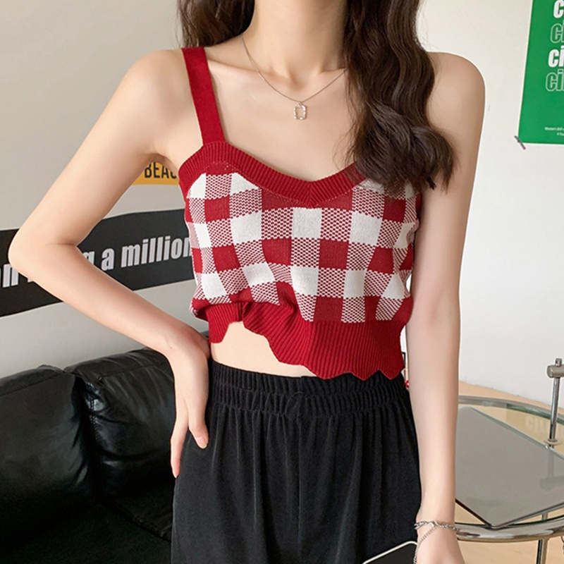 Áo Croptop Dệt Kim Sát Nách Cổ Chữ V Hở Lưng Họa Tiết Kẻ Sọc Lượn Sóng Màu Sắc Tương Phản Thời Trang Mùa Hè Quyến Rũ Cho Nữ