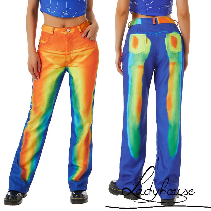 Quần ống rộng Lưng Cao Nhuộm Màu Thời Trang Đường Phố Cho Nữ