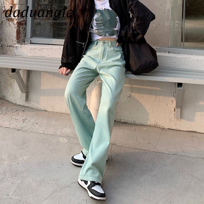 Daduhey Quần ống rộng suông thẳng lưng cao thời trang màu sắc thời trang phong cách Hàn Quốc mùa hè