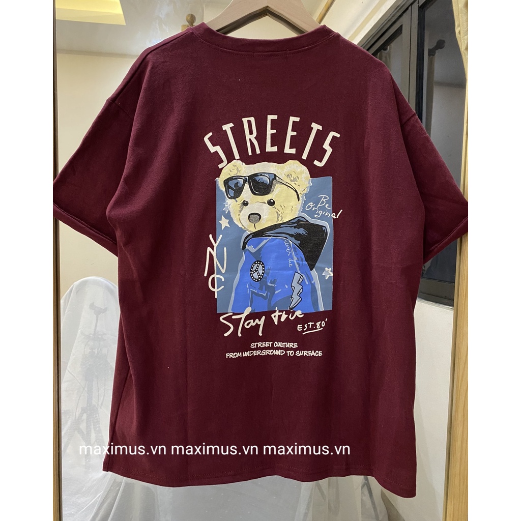 Áo phông 3158 in hình gấu Streets chất tuyết nhung unisex cho nam và nữ, áo đôi nam nữ