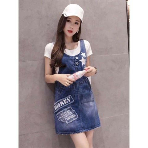 Đầm jean yếm suông ngôi sao, váy bò 2 dây in họa tiết - TH513