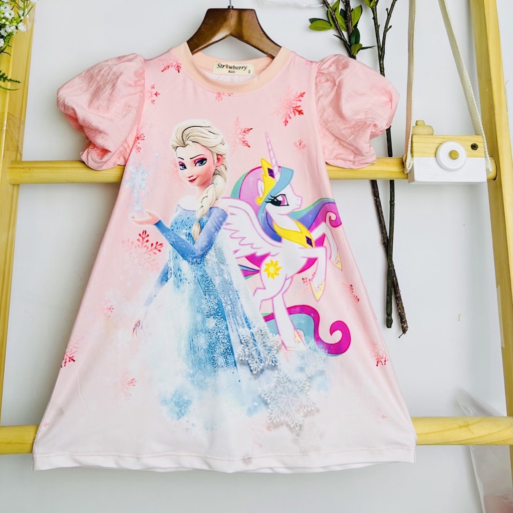 Đầm thun from suông chữ A in 3d ngựa pony  công chúa elsa và nàng tiên cá siêu mềm mát  cho bé gái