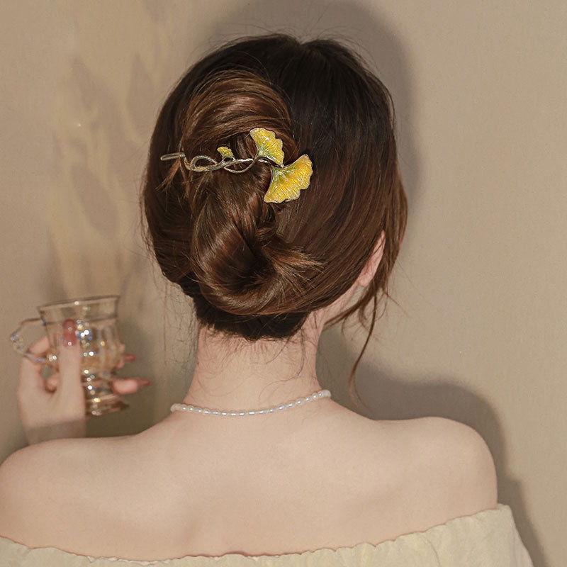 Kẹp Tóc Hình Lá Ginkgo Màu Vàng Phong Cách Trung Hoa