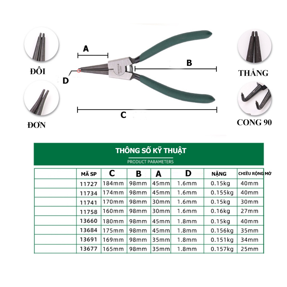 Hộp 4 chiếc Kìm mở phe trong, phe ngoài, Mũi cong, mũi thẳng, mũi đôi, mũi đơn  Tuosen - Mẫu 7inch và 9inch
