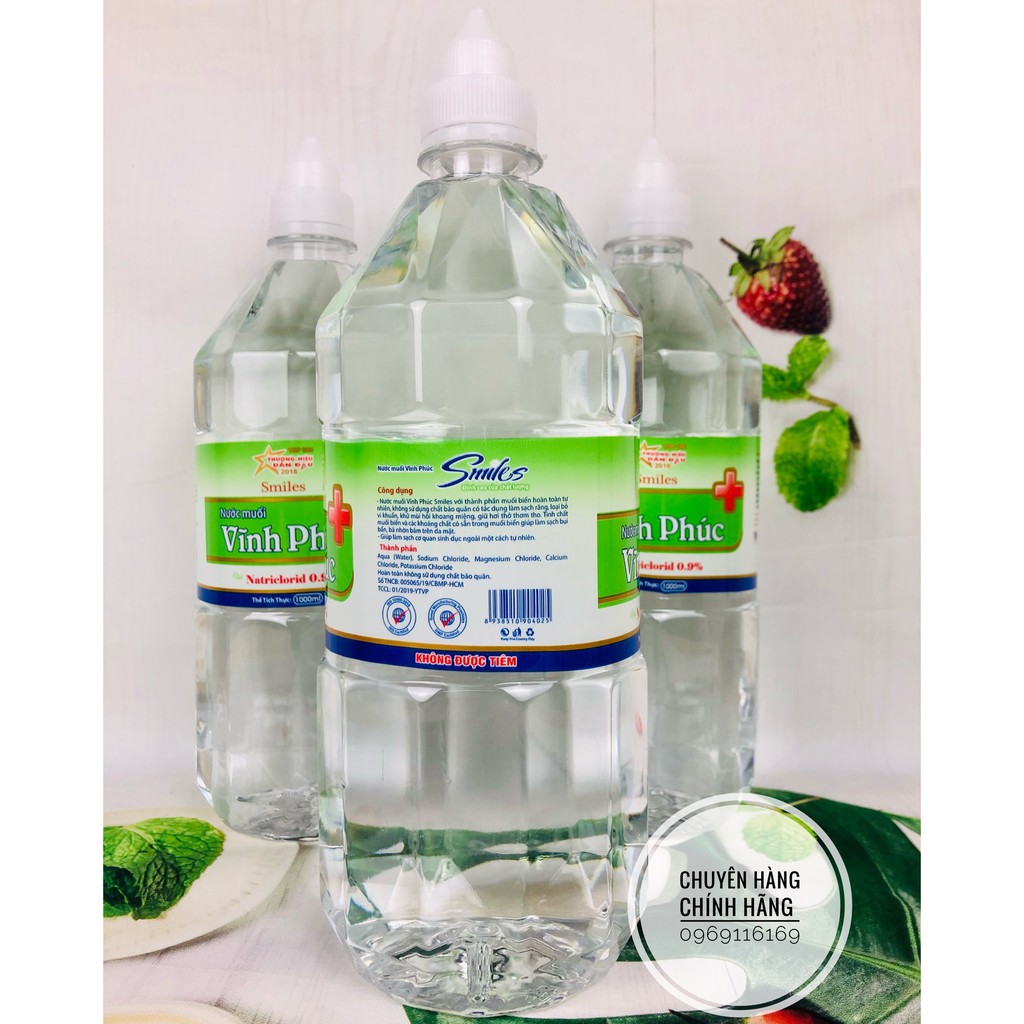 Dung dịch nước muối sinh lý 1000ml Vĩnh Phúc Smile 0.9% - Nước muối vệ sinh răng miệng dung tích 1 lít