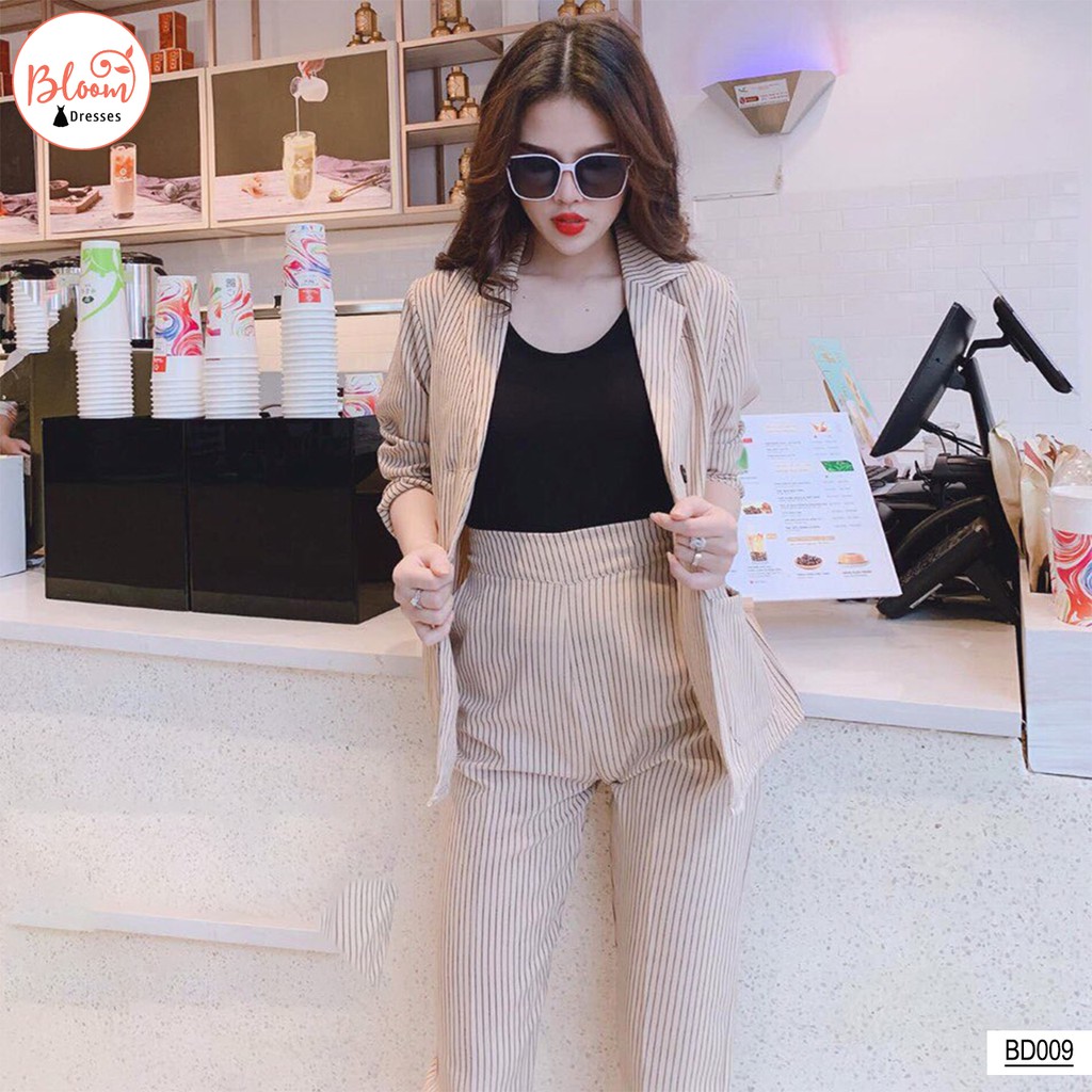 Áo vest nữ kẻ sọc caro 3 món cao cấp BLOOMFASHION Set Áo blazer nữ sọc kem + Áo 2 dây + Quần tây Mã VEST01