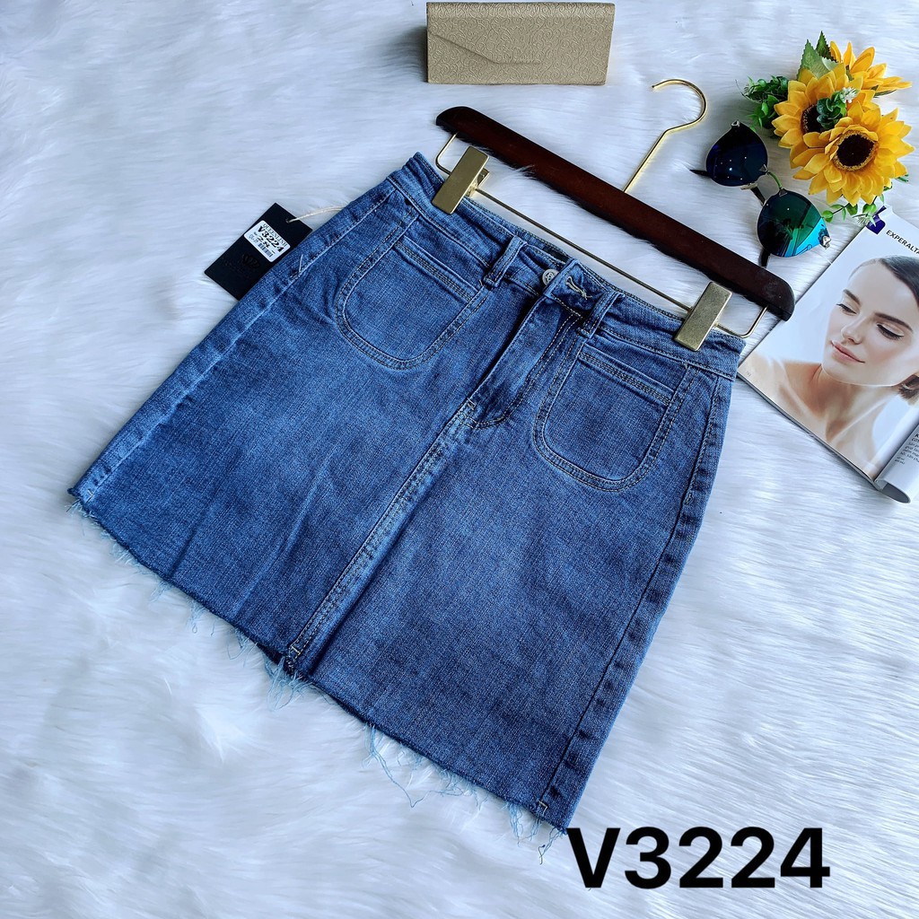 💟Váy Jeans Cạp Cao Không Mài💟Cắt Gấu Phối Túi Ốp Trước Và Túi Cơi Sau Cực Phong Cách V3224