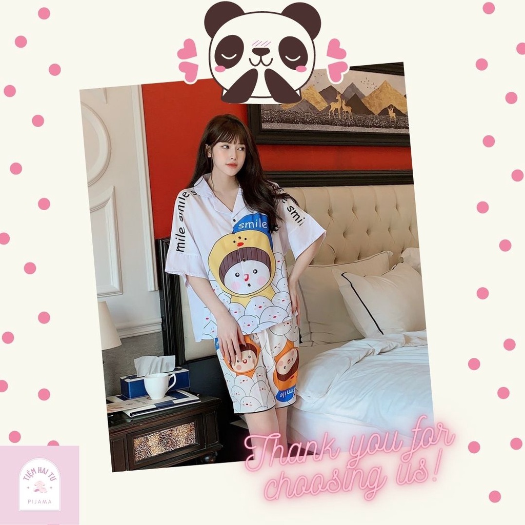 Đồ ngủ nữ mặc nhà pijama lụa cao cấp tay ngắn quần lửng họa tiết dễ thương, form rộng, freesize từ 40-60 kg