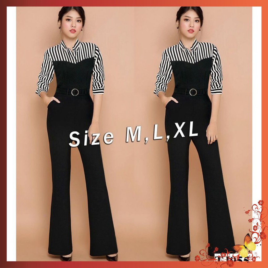 Đồ Bay Dễ Thương 💥FREESHIP💥 Jumpsuit dáng dài ống loe cổ sơ mi kẽ sọc thắt belt TJ955