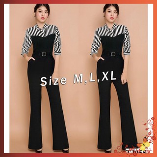 Đồ Bay Dễ Thương 💥FREESHIP💥 Jumpsuit dáng dài ống loe cổ sơ mi kẽ sọc thắt belt TJ955