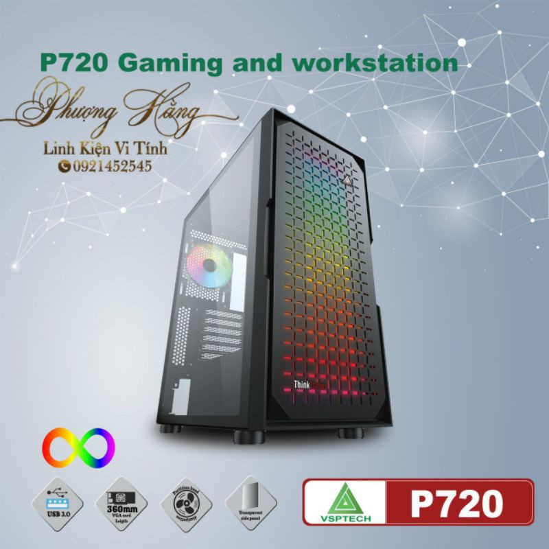 Thùng Case Máy Tính VSP P720 Led RGB Chuẩn Full ATX - Mặt Trước LED RGB và Nắp hông phải làm bằng kính cường lực