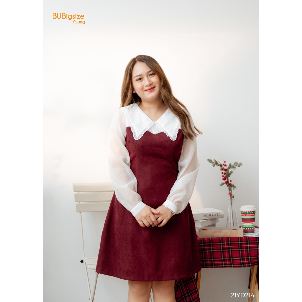 [Mã INCU50 giảm 50K đơn 150K] Đầm nhung phối trắng BIGSIZE (55kg đến 95kg) - 21YD214 - [BU Bigsize Young]