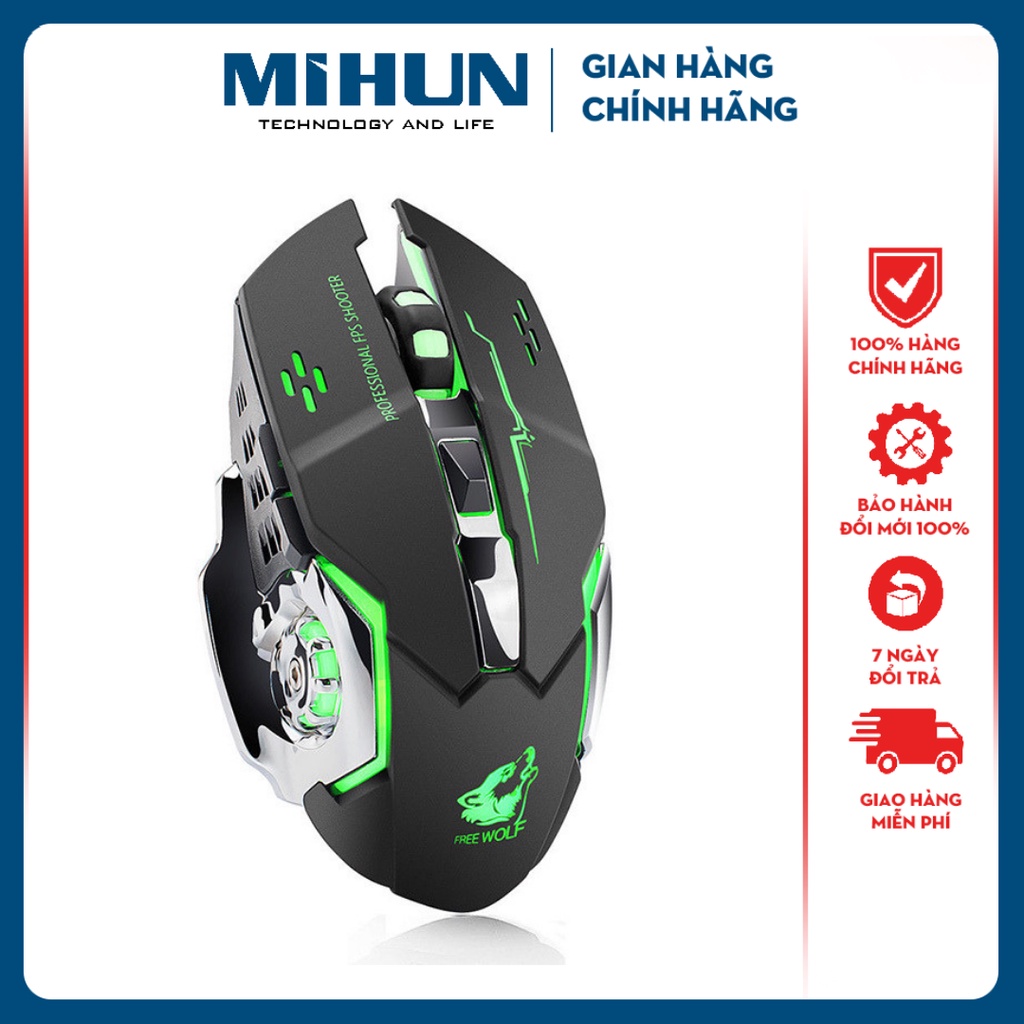 Chuột gaming không dây pin sạc FREEWOLF X8 âm thanh chống ồn đèn LED nhiều màu cho game thủ văn phòng