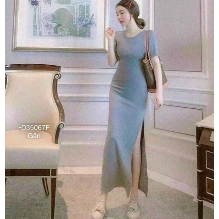 ĐẦM MAXI THUN NỮ VÁY BODY TAY NGẮN XẺ TÀ DÁNG DÀI THUN GÂN CO DÃN MÀU ĐEN/XÁM